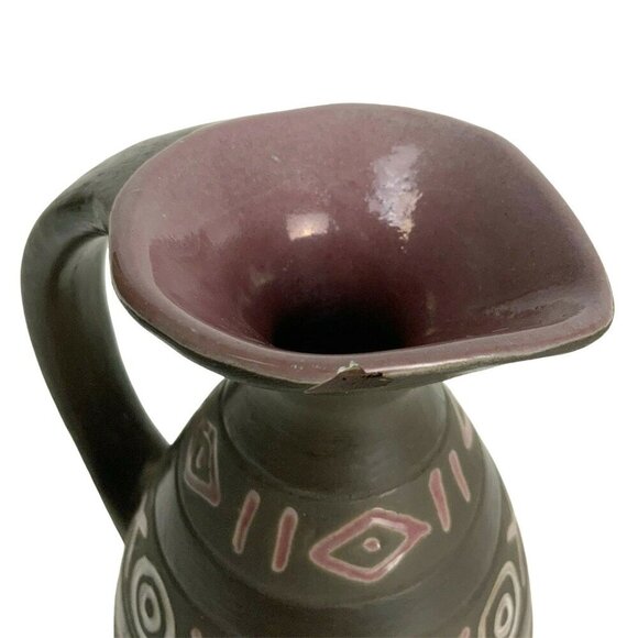 Art Pottery Boho Style Ceramic Oil Syrup Pitcher Brown & Red Graphic Design - Picture 5 of 7